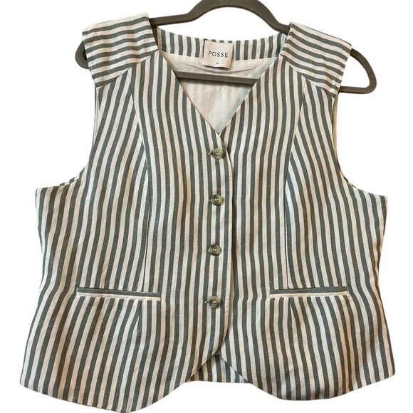 POSSE Women’s Linen Blend Striped Vest Size M Green White Made in India - Picture 1 of 10